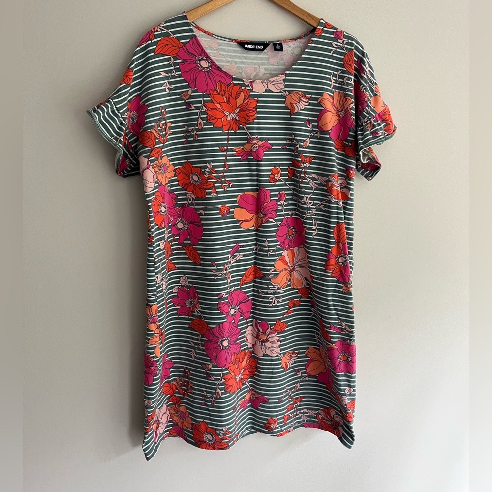 Lands' End Women's Floral Striped Tunic Dress Gray Stripe size Large